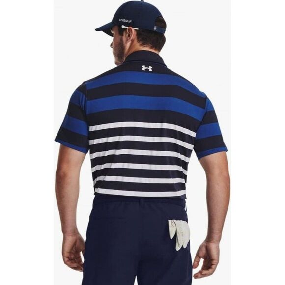 Under Armour Mens Polo 2XL Blue White Playoff 3.0 Golf Shirt Striped Loose Fit - Picture 3 of 8